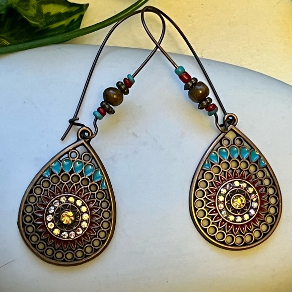 Sparkling Aurora Borealis Stones Inside Bronze Boho Chic Earrings - Picture 4 of 5